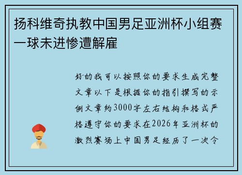 扬科维奇执教中国男足亚洲杯小组赛一球未进惨遭解雇 扬科维奇执教中国男足亚洲杯小组赛一球未进惨遭解雇
